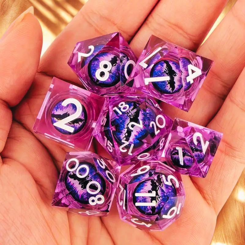 Liquid Core Dice Set: Handmade Sharp Edged Dice for DnD with Dragon Eye