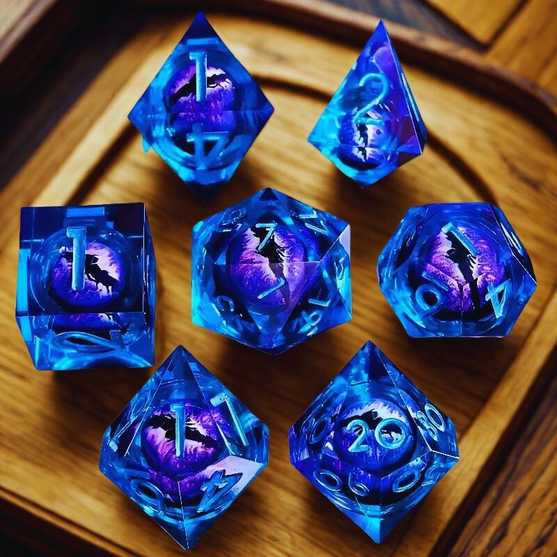 Liquid Core Dice Set: Handmade Sharp Edged Dice for DnD with Dragon Eye