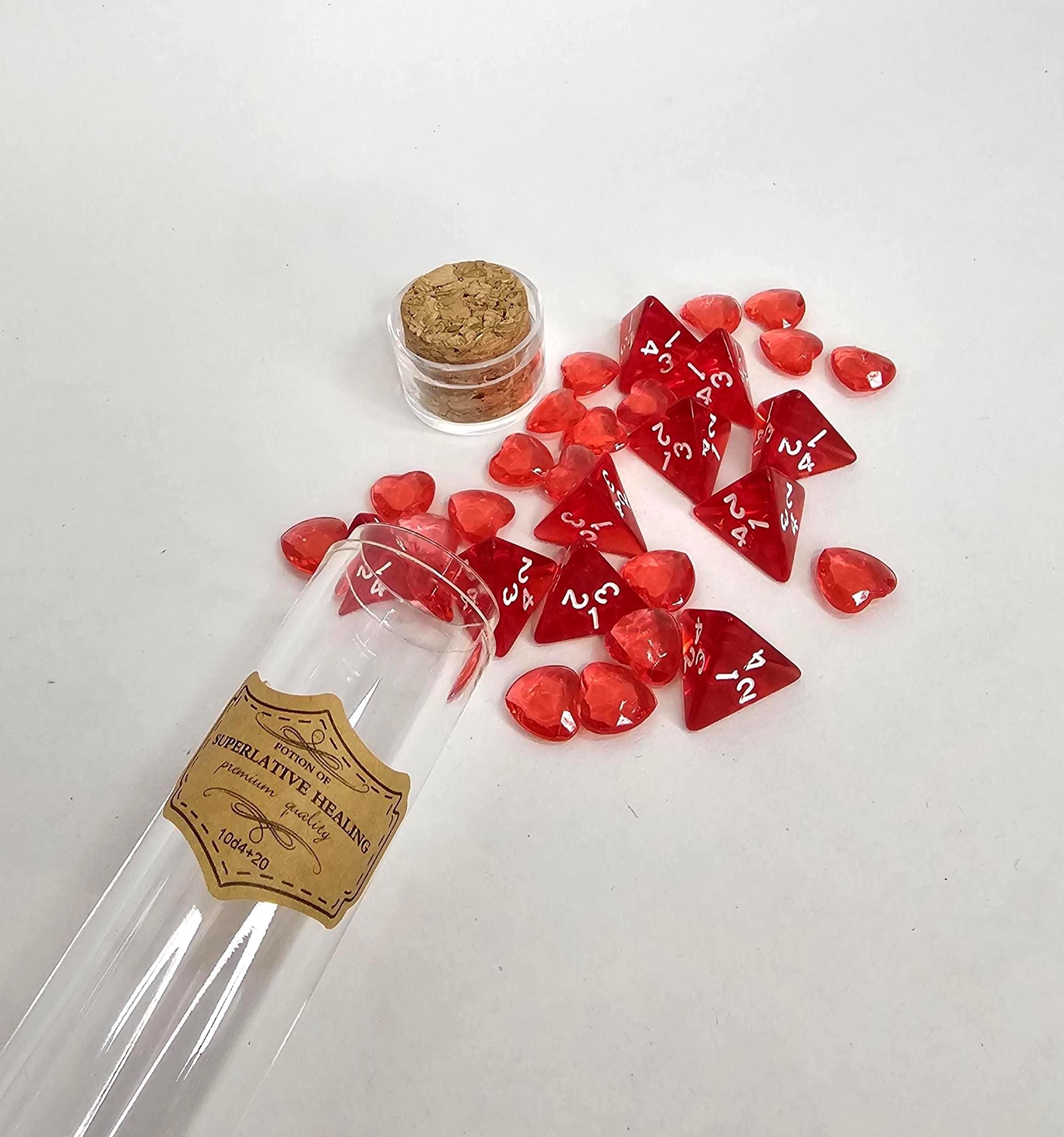 Healing Potion Dice Bottle | D&D Dice Set with Heart Counters