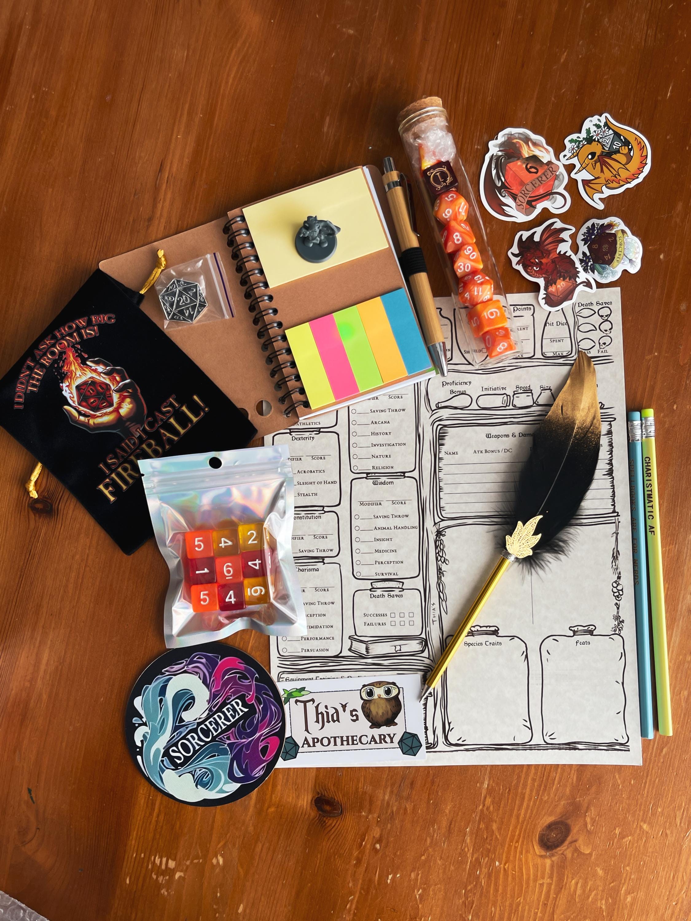 Sorcerer RPG Class Kit: D&D Dice Set, Fireball dice, Character Sheet and Accessories