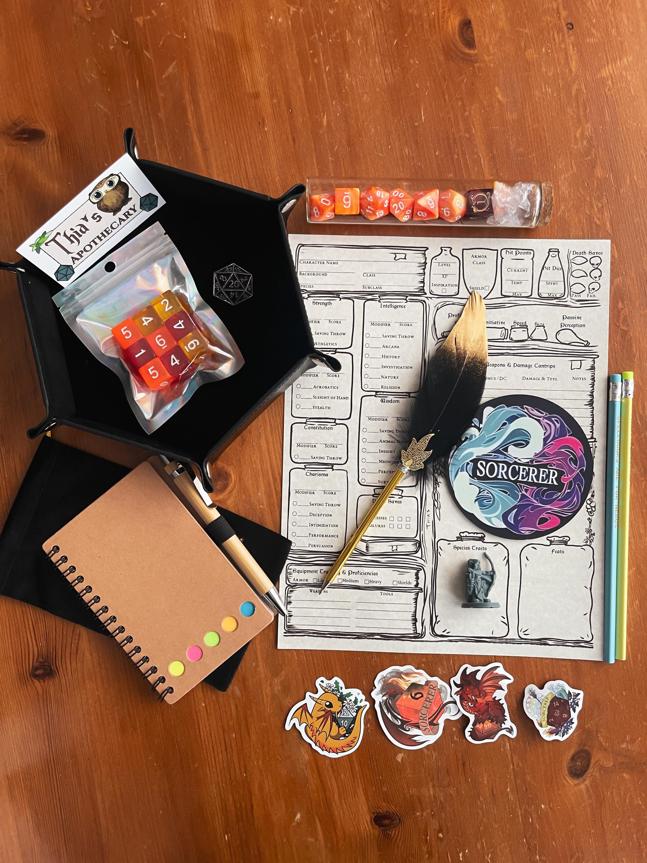 Sorcerer RPG Class Kit: D&D Dice Set, Fireball dice, Character Sheet and Accessories