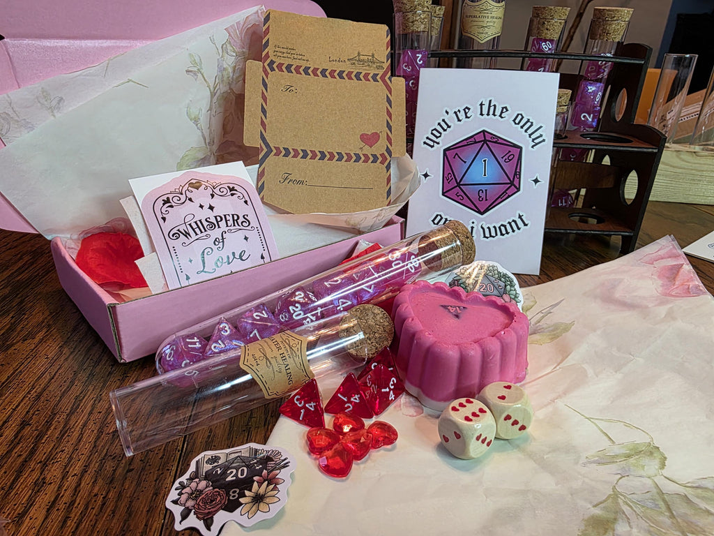 DnD Anniversary Gift Set | RPG Romance Box with Dice and Dragon Soap with D20