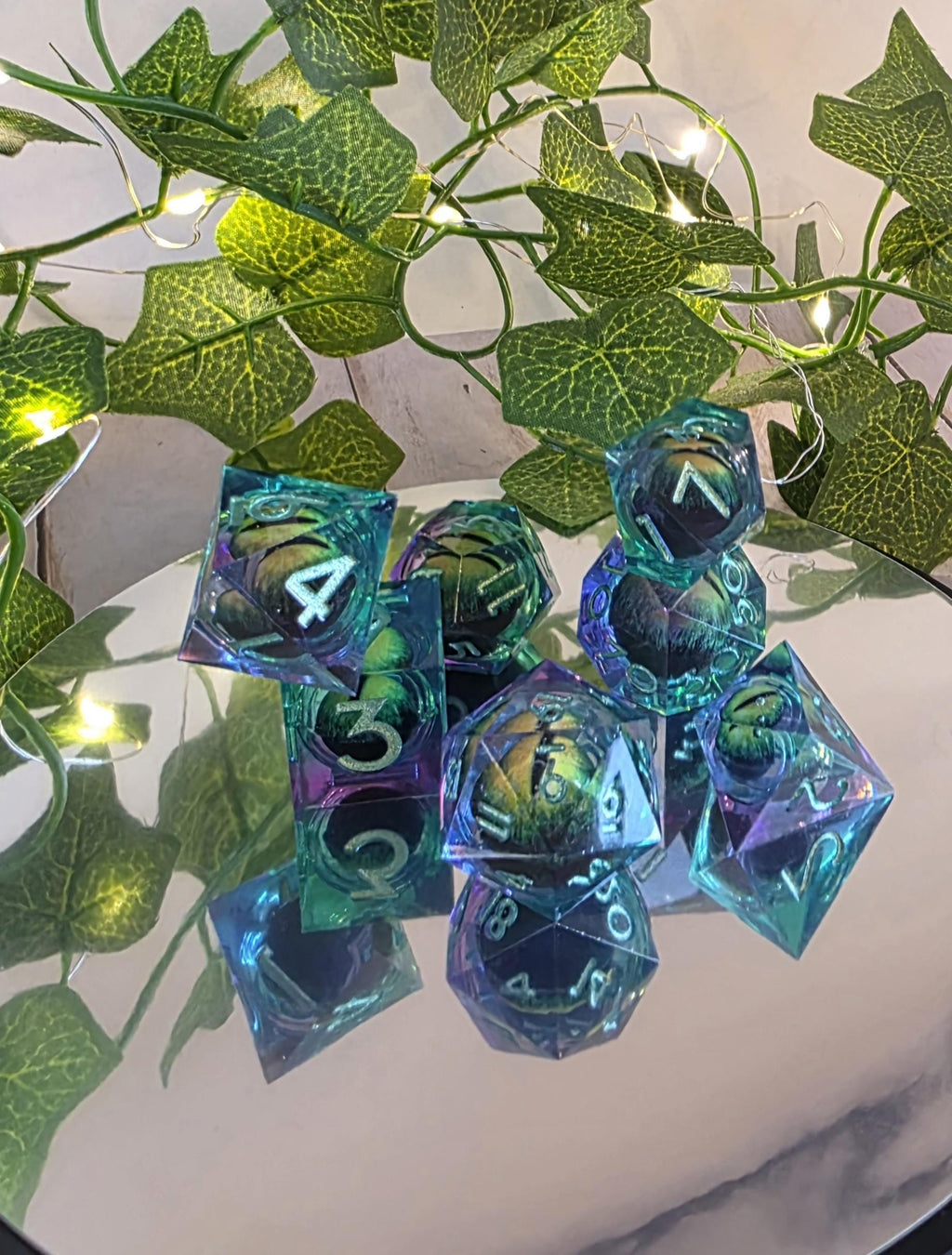 Liquid Core Dice Set: Handmade Sharp Edged Dice for DnD with Dragon Eye