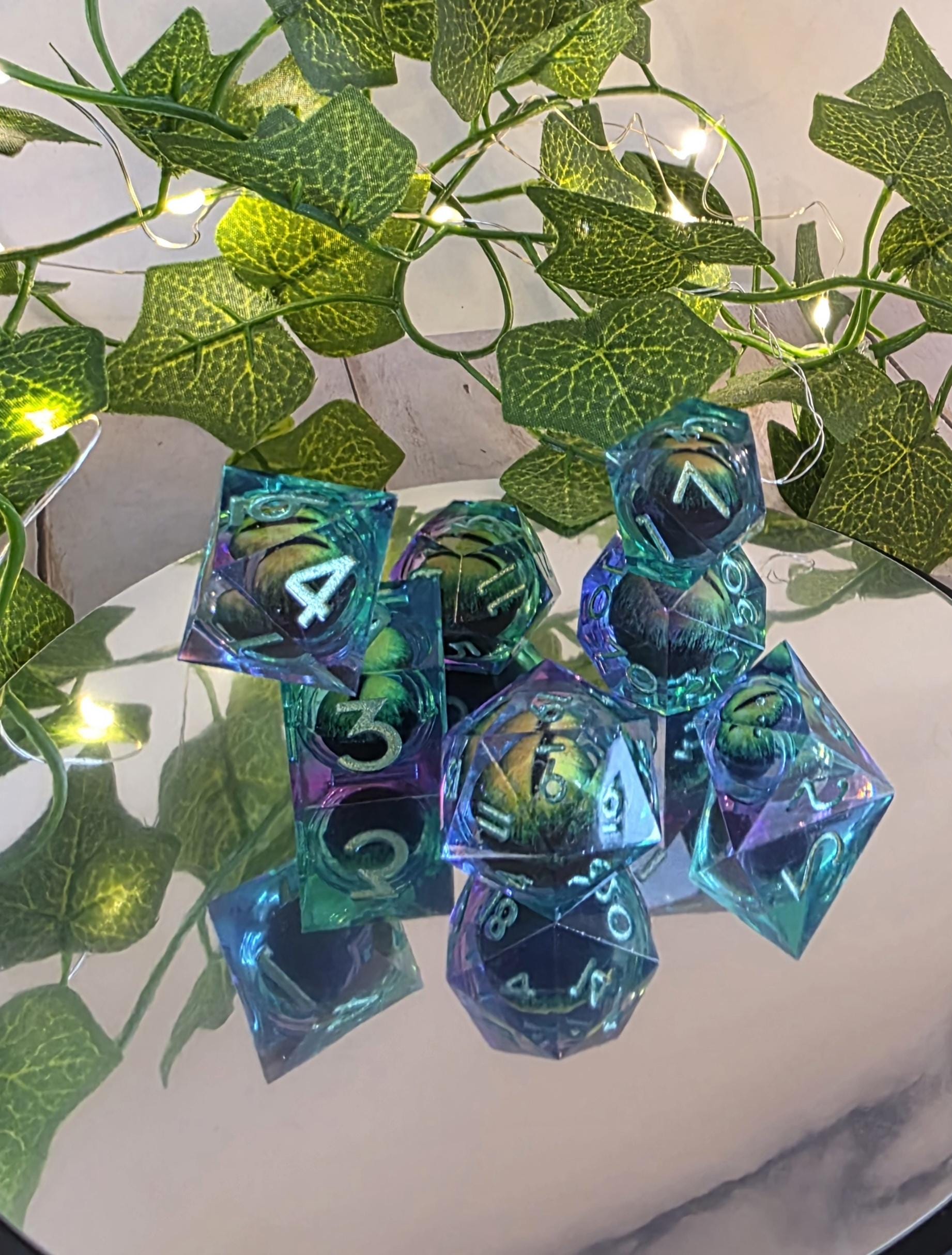 Liquid Core Dice Set: Handmade Sharp Edged Dice for DnD with Dragon Eye