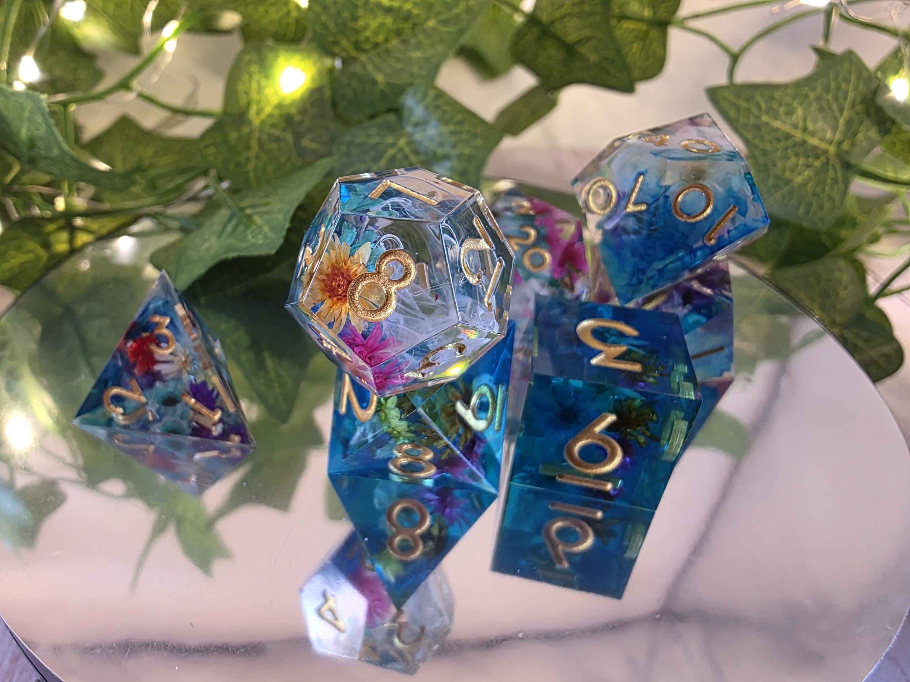 DnD Sharp Edge Dice Set | Handcrafted Floral Polyhedral Dice for RPGs, Druid Gift