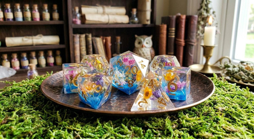 DnD Sharp Edge Dice Set | Handcrafted Floral Polyhedral Dice for RPGs, Druid Gift