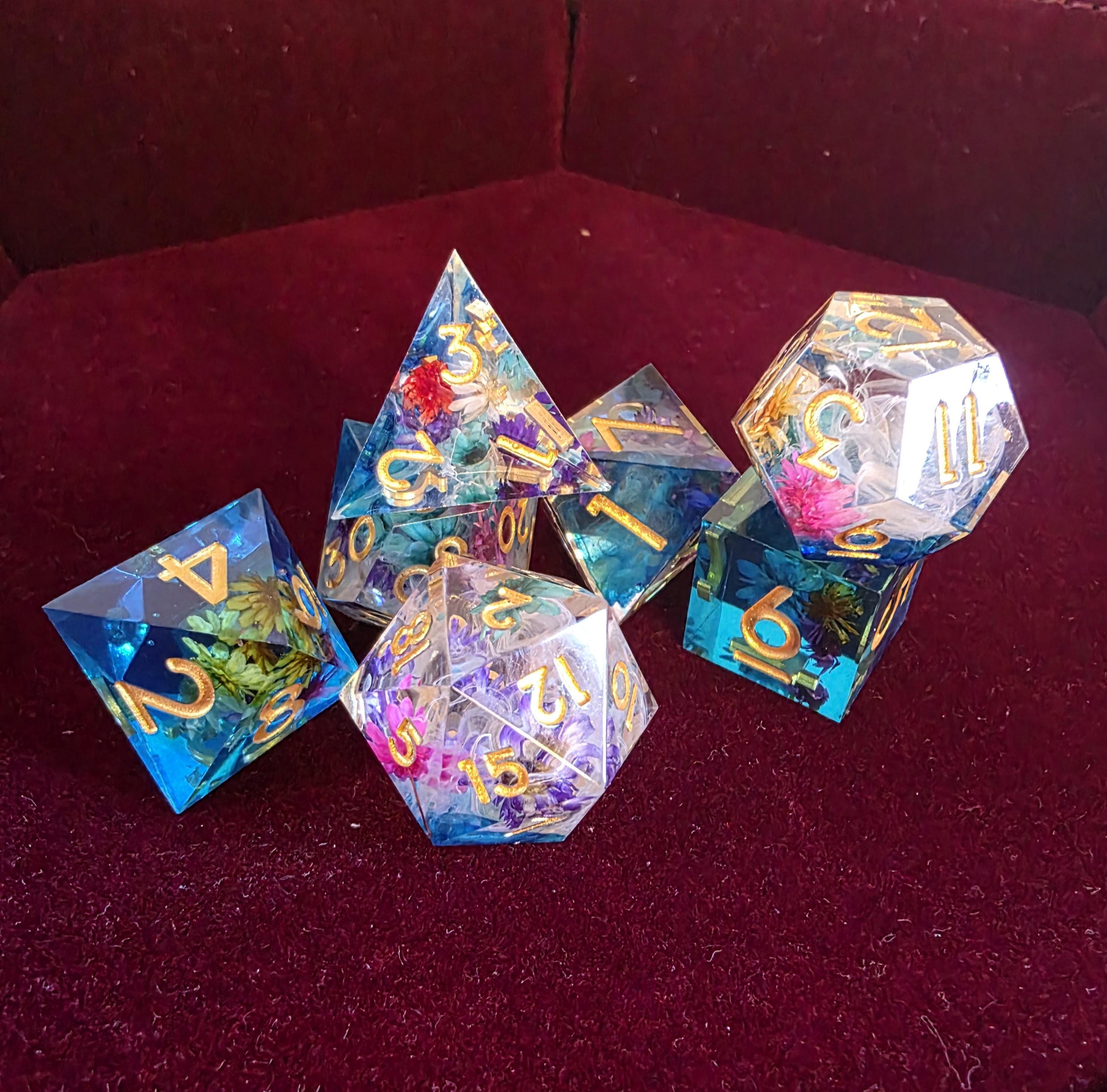 DnD Sharp Edge Dice Set | Handcrafted Floral Polyhedral Dice for RPGs, Druid Gift